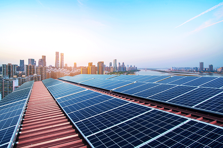 Solar Panels and City Skyline